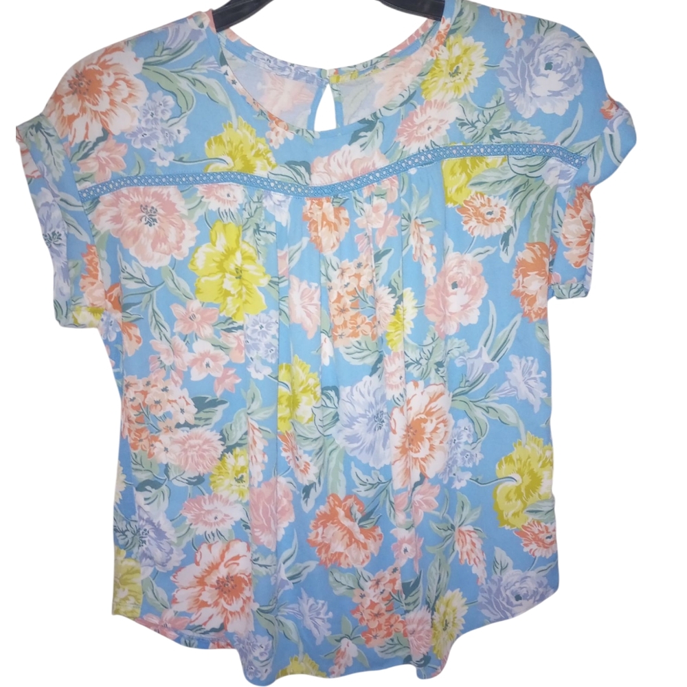 Floral Blue Lace Crochet Chest Line Women's Crew Short Sleeve Top Size M